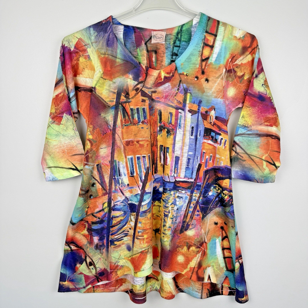 Et' Lois Venice Canal Print Tunic Top Womens Small Colorful Art to Wear Boho USA